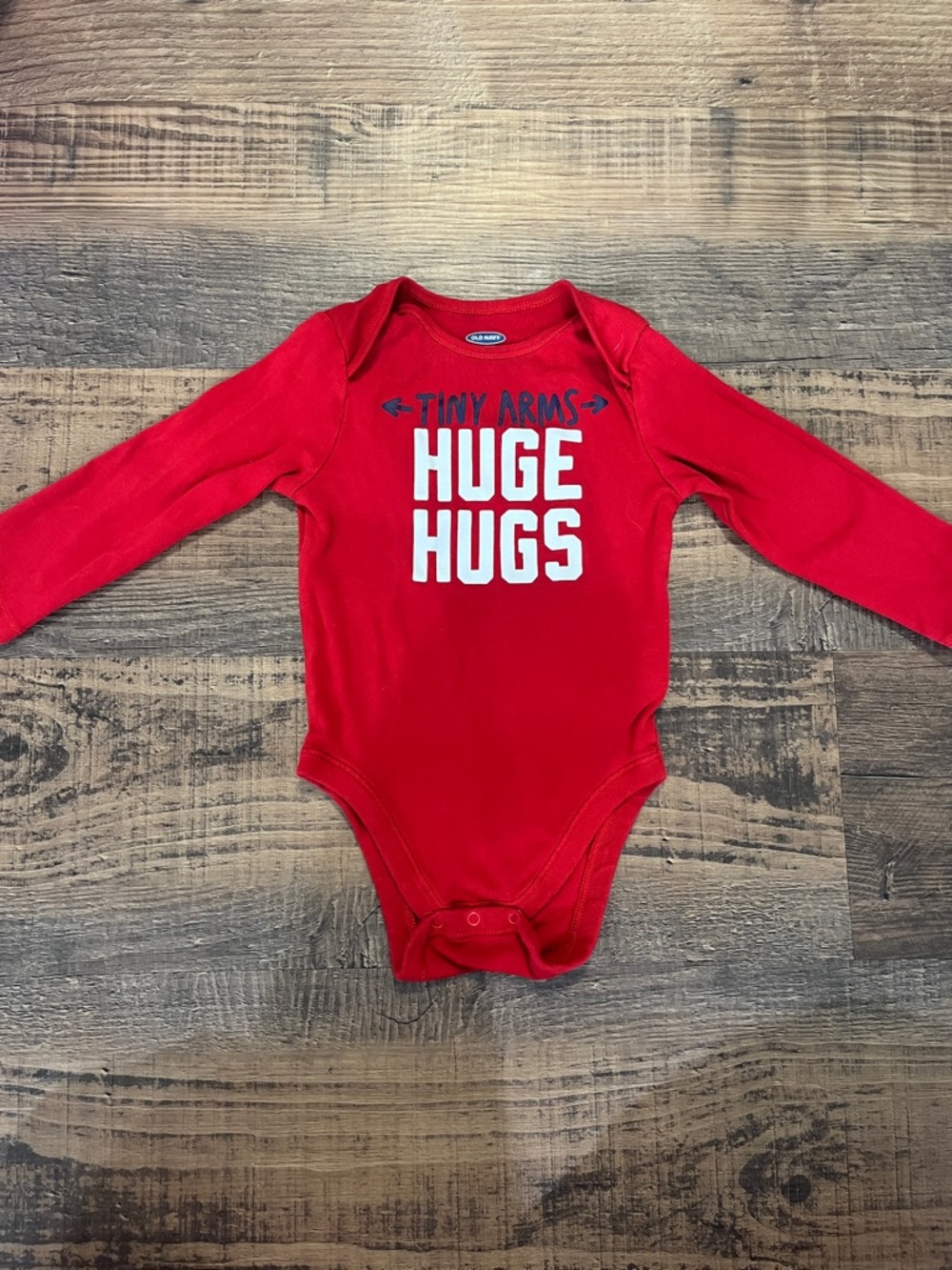 Old Navy Red Long-Sleeve Bodysuit with White 'Huge Hugs' Graphic